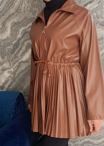 Deri Pilili Uzun Kahverengi Kadın Ceket - Görsel 3