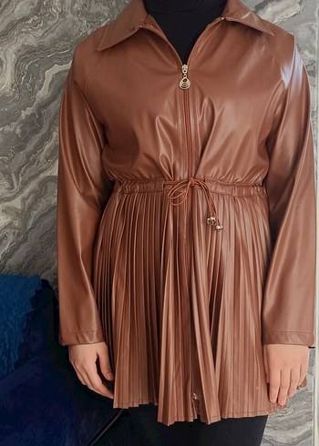 Deri Pilili Uzun Kahverengi Kadın Ceket - Görsel 2