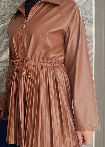 Deri Pilili Uzun Kahverengi Kadın Ceket - Görsel 5