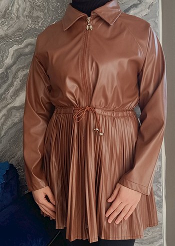 Deri Pilili Uzun Kahverengi Kadın Ceket - Görsel 4