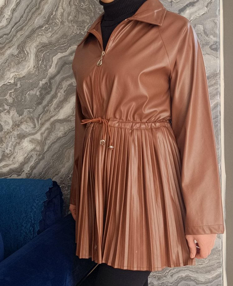 Deri Pilili Uzun Kahverengi Kadın Ceket - Görsel 3