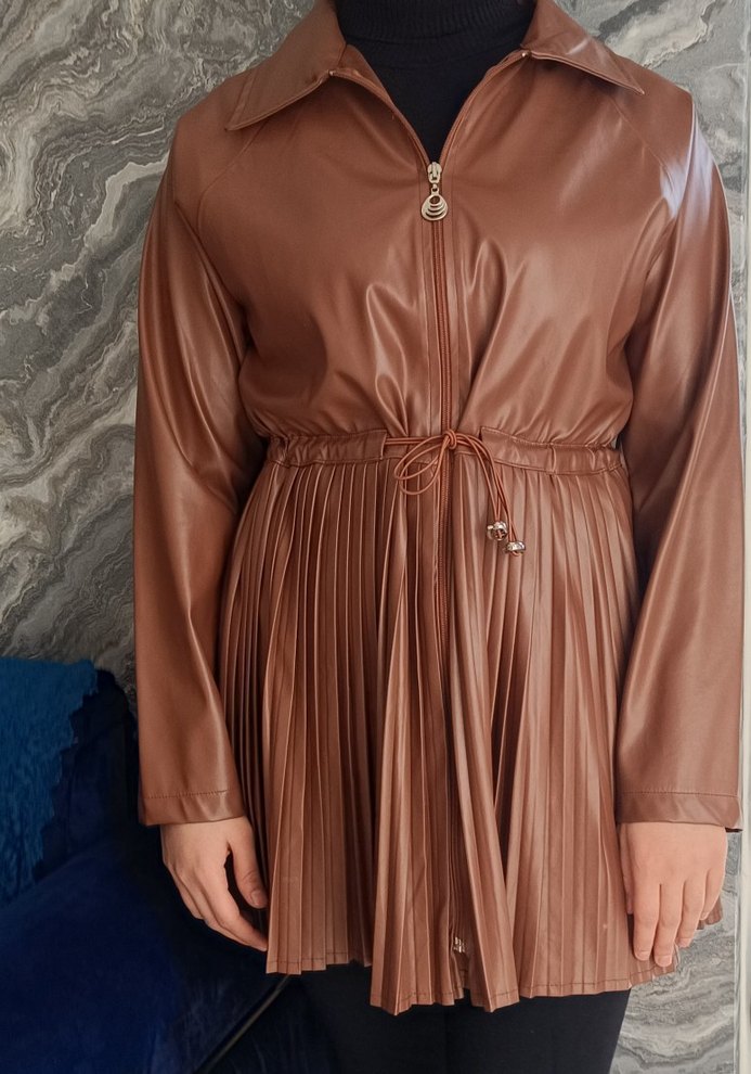 Deri Pilili Uzun Kahverengi Kadın Ceket - Görsel 2