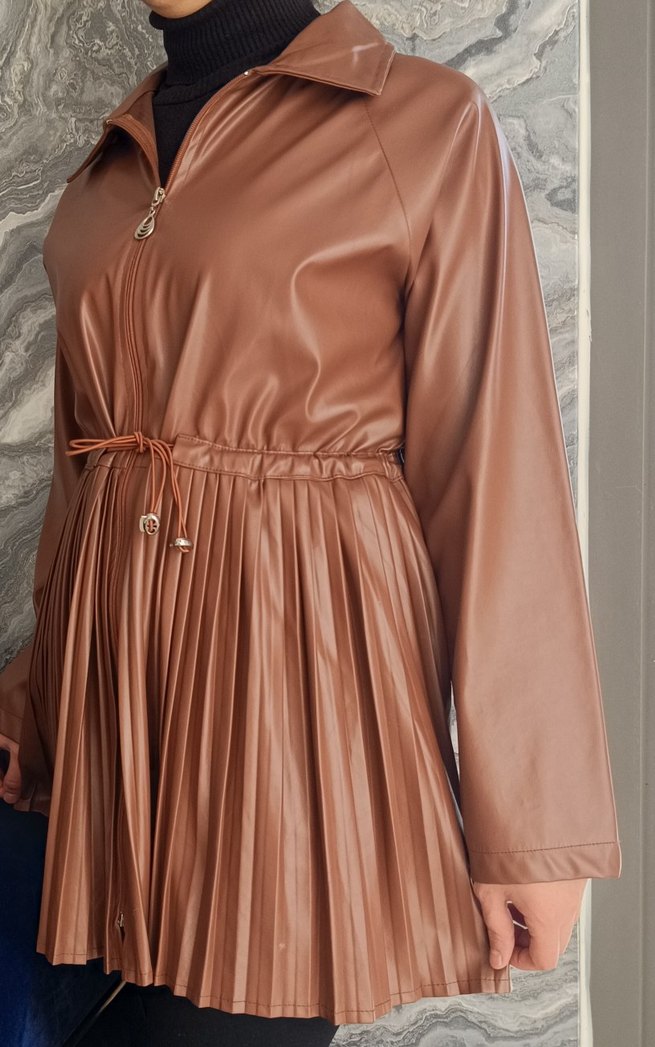 Deri Pilili Uzun Kahverengi Kadın Ceket - Görsel 5