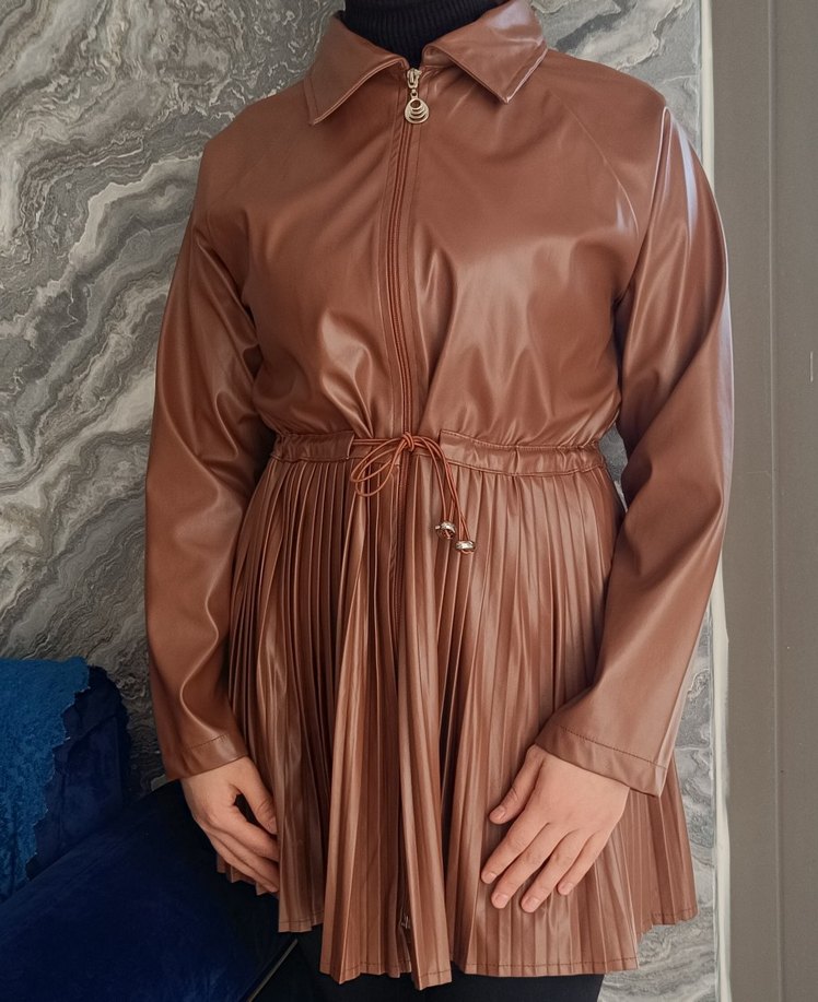 Deri Pilili Uzun Kahverengi Kadın Ceket - Görsel 4