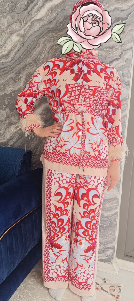 Kürk Detaylı Bohem Desenli Kadın Takım - Görsel 2