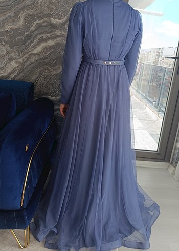 Mavi Pliseli Uzun Kollu Kadın Abiye Elbise - Görsel 6