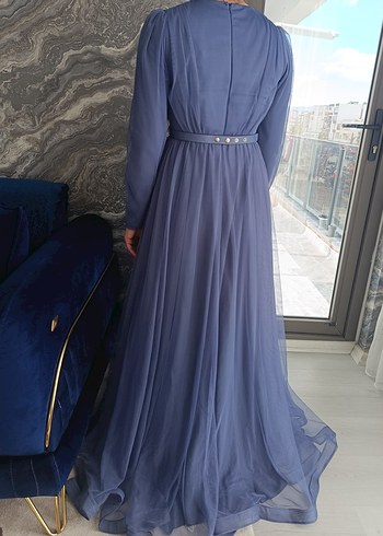 Mavi Pliseli Uzun Kollu Kadın Abiye Elbise - Görsel 4