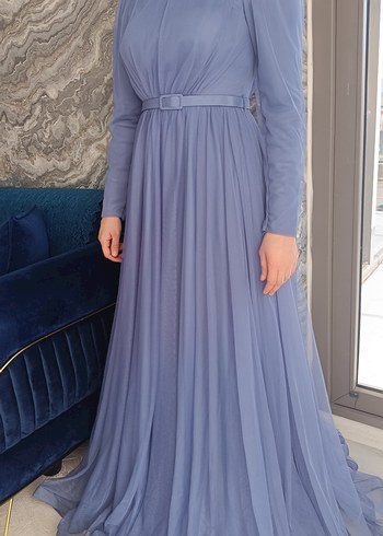 Mavi Pliseli Uzun Kollu Kadın Abiye Elbise - Görsel 5