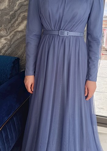 Mavi Pliseli Uzun Kollu Kadın Abiye Elbise - Görsel 7