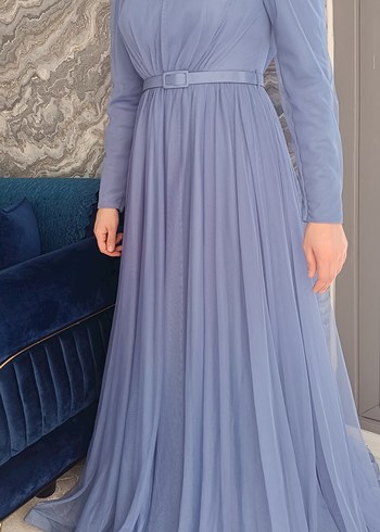 Mavi Pliseli Uzun Kollu Kadın Abiye Elbise - Görsel 3