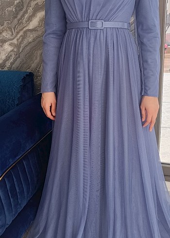 Mavi Pliseli Uzun Kollu Kadın Abiye Elbise - Görsel 2