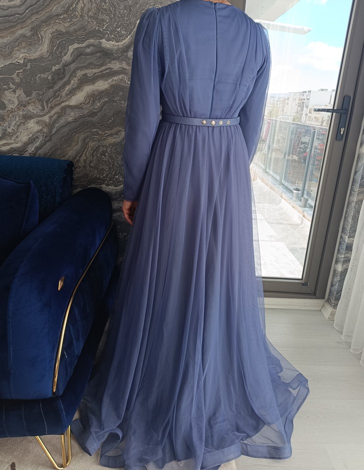 Mavi Pliseli Uzun Kollu Kadın Abiye Elbise - Görsel 4