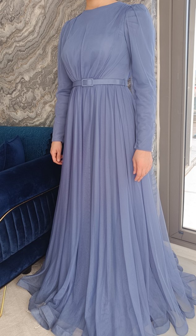 Mavi Pliseli Uzun Kollu Kadın Abiye Elbise - Görsel 5