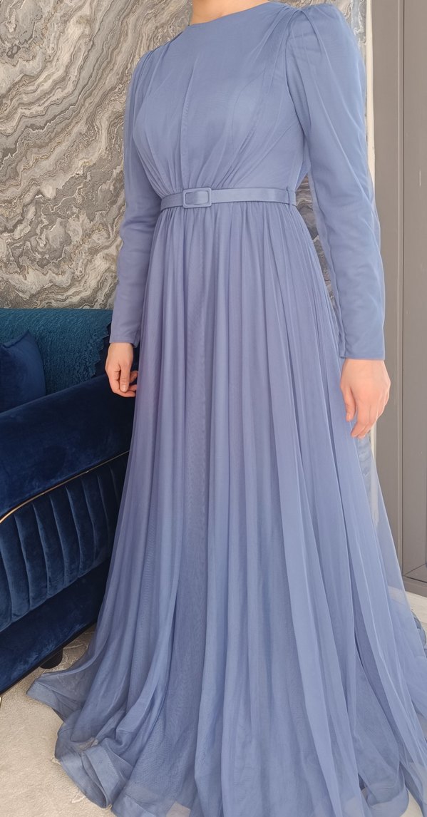 Mavi Pliseli Uzun Kollu Kadın Abiye Elbise - Görsel 3