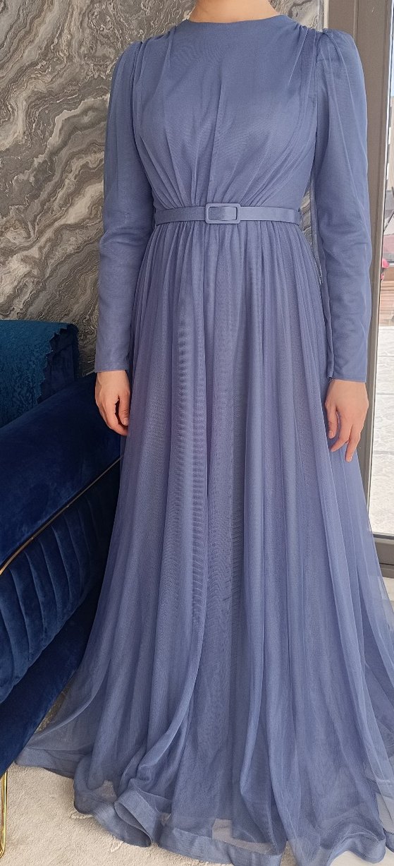 Mavi Pliseli Uzun Kollu Kadın Abiye Elbise - Görsel 2