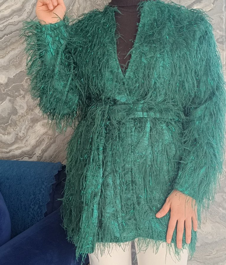 Yeşil Parlak Kısa kemerli ceket. - Görsel 5