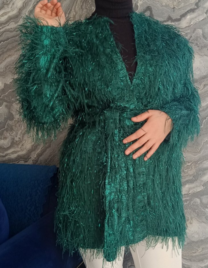 Yeşil Parlak Kısa kemerli ceket. - Görsel 4