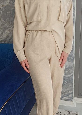 Bej Keten Rahat Kesim Kadın Takım - Görsel 2