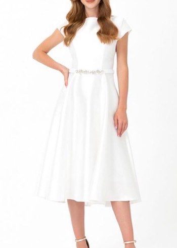 Kısa Kollu Beli Taşlı Beyaz Midi Elbise - Görsel 2