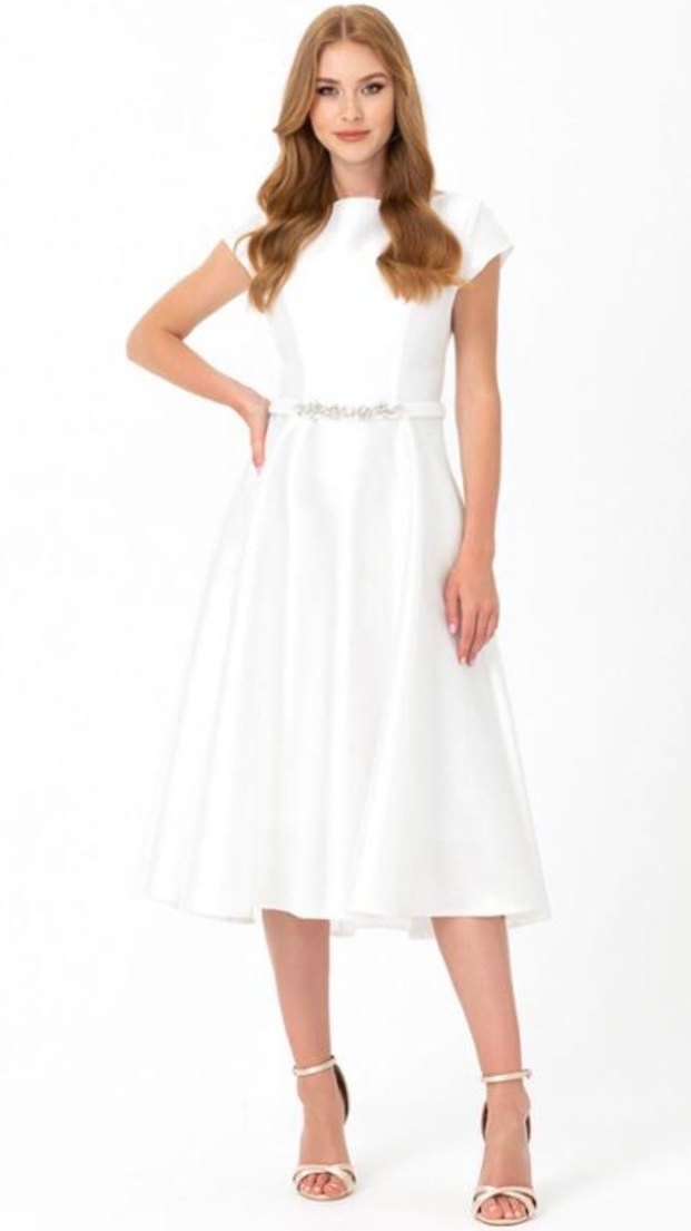 Kısa Kollu Beli Taşlı Beyaz Midi Elbise - Görsel 2