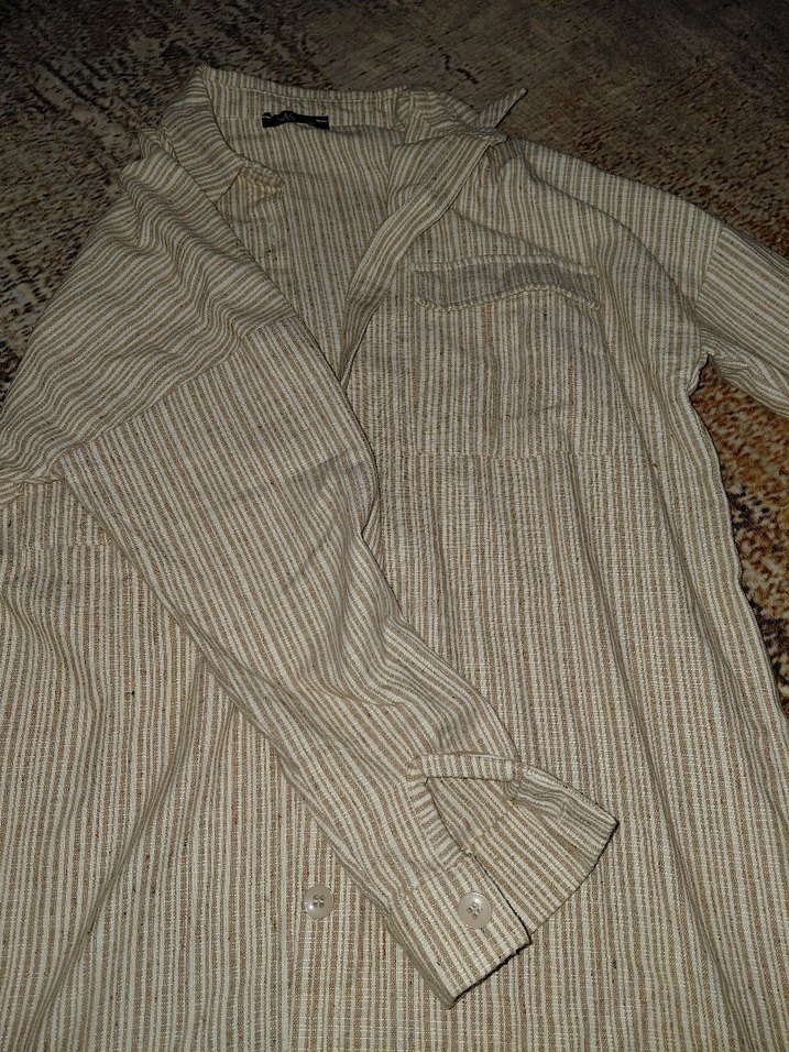 Bej Keten Uzun Kollu Gömlek - Görsel 2