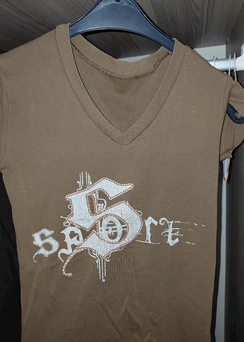 Kahverengi V Yaka Vintage Kısa Kollu - Görsel 2