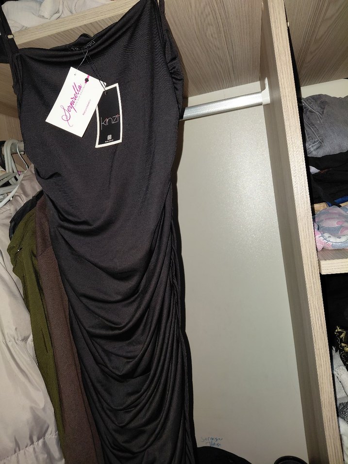 Siyah Drapeli Askılı Midi Elbise - Görsel 2