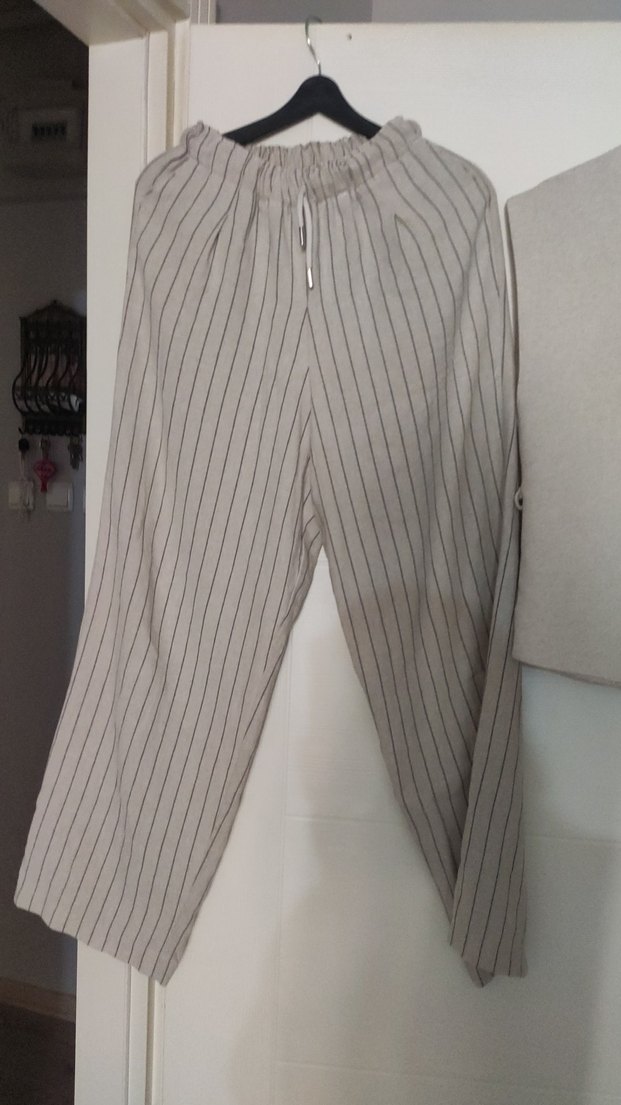 Bej Kadın Keten Bol Kesim Pantolon - Görsel 2