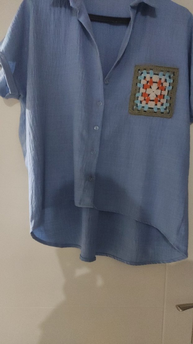 Nakışlı Mavi Kısa Kollu Gömlek - Görsel 4