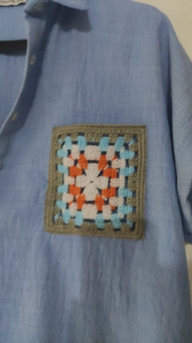 Nakışlı Mavi Kısa Kollu Gömlek - Görsel 3