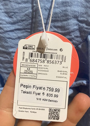 Koton Kısa Kollu Mavi Keten Kız Elbisesi