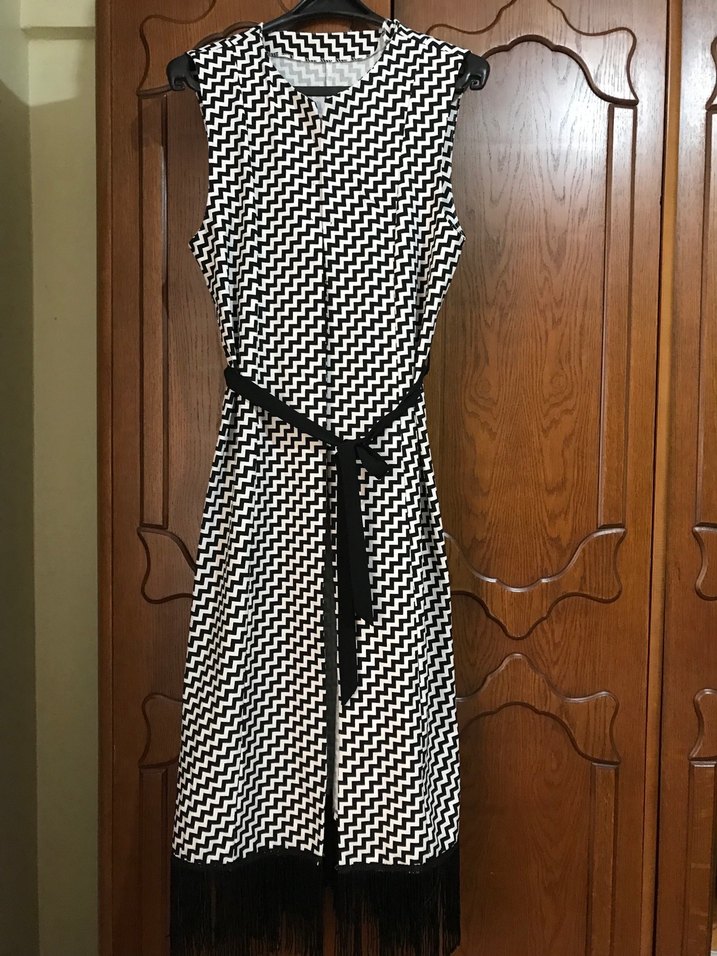 Kemerli Siyah Beyaz Uzun Kadın yelek - Görsel 2