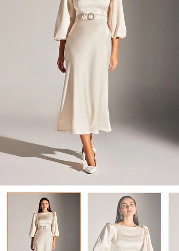 Bej Kadın Midi Saten Elbise Kemerli - Görsel 3