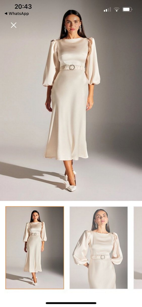 Bej Kadın Midi Saten Elbise Kemerli - Görsel 3