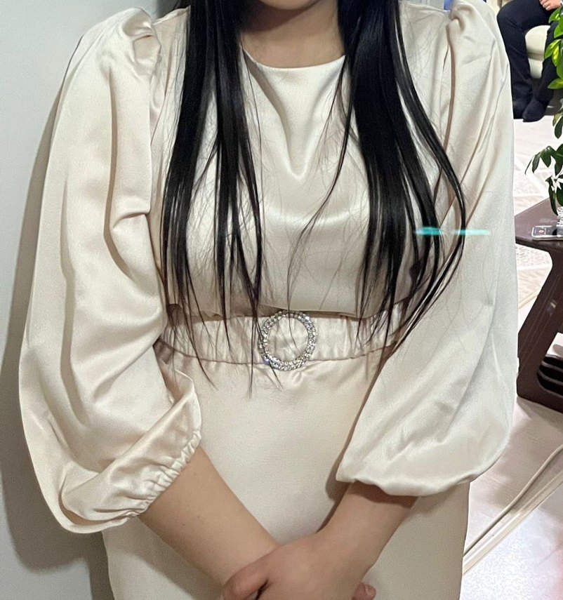 Bej Kadın Midi Saten Elbise Kemerli - Görsel 4