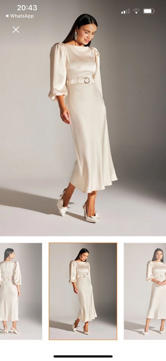 Bej Kadın Midi Saten Elbise Kemerli - Görsel 2