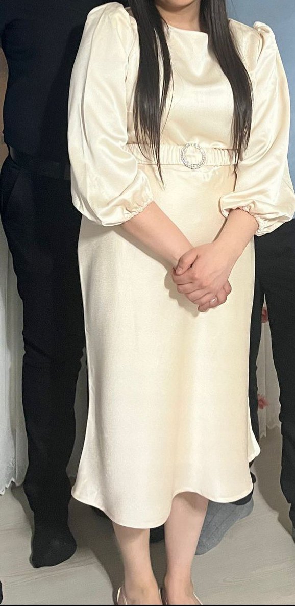 Bej Kadın Midi Saten Elbise Kemerli - Görsel 5