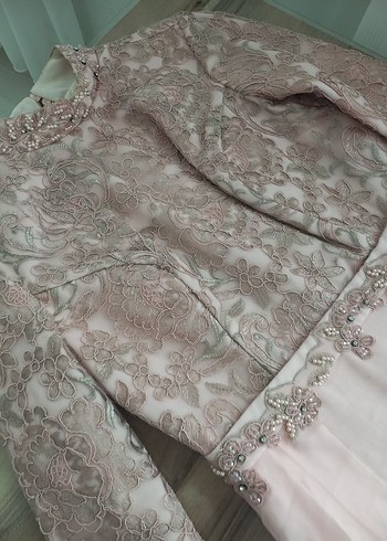 Dantel Detaylı Uzun Pembe Kadın Abiye - Görsel 2