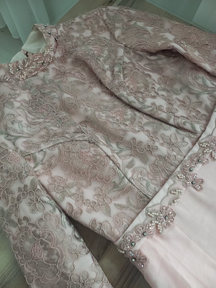 Dantel Detaylı Uzun Pembe Kadın Abiye - Görsel 2