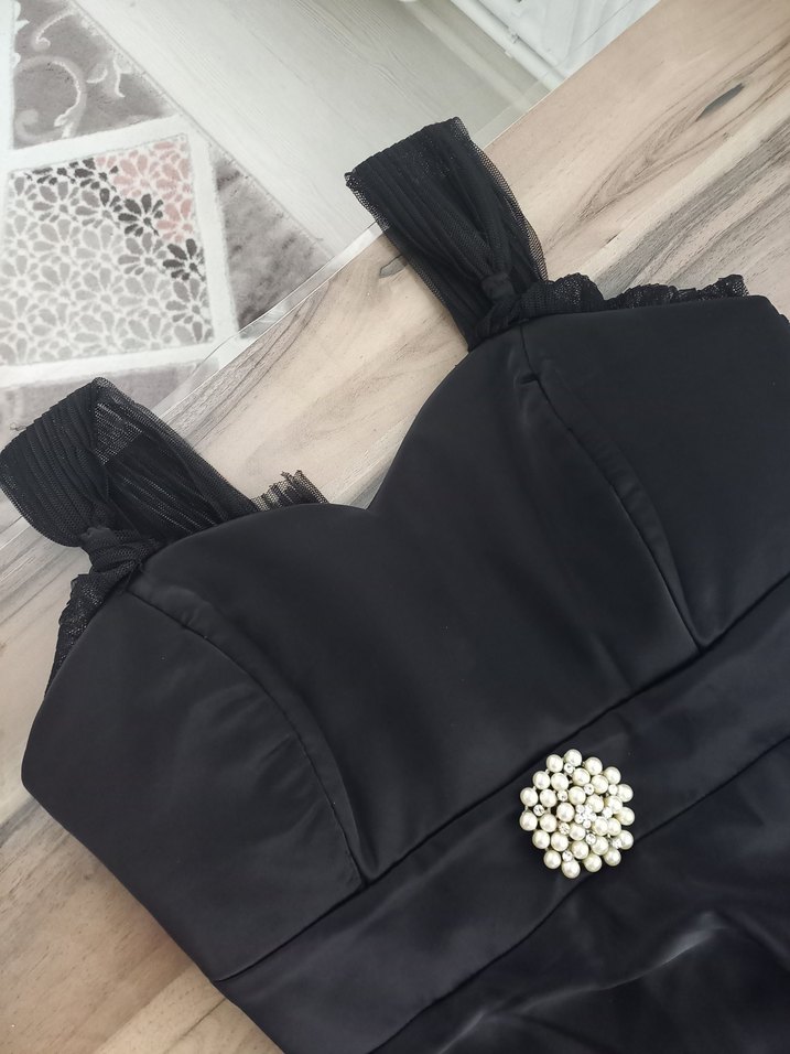 Uzun Siyah Straplez Gotik Abiye Elbise - Görsel 4