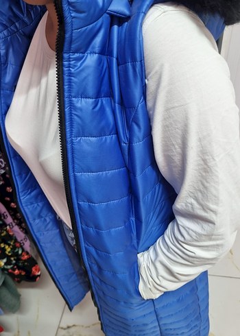 Kürklü Kapüşonlu Uzun Kadın Yelek - Görsel 6