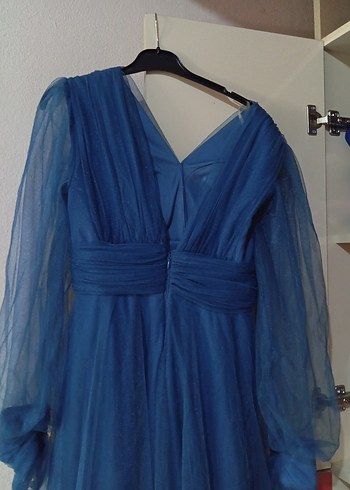 40 Beden Uzun Kollu Mavi Vintage Bohem Elbise