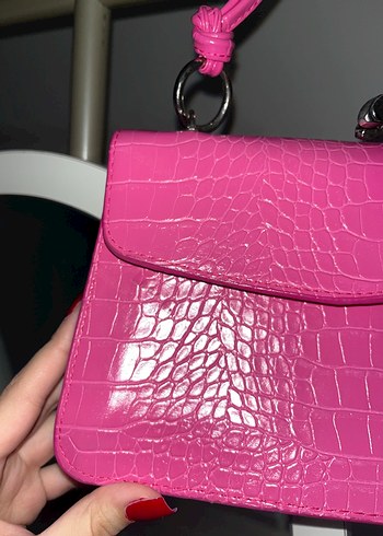 Pembe Deri Yılan Desenli Tokalı Kadın Çanta - Görsel 2