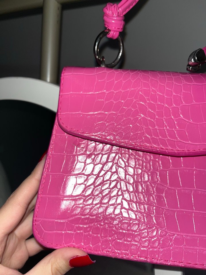 Pembe Deri Yılan Desenli Tokalı Kadın Çanta - Görsel 2