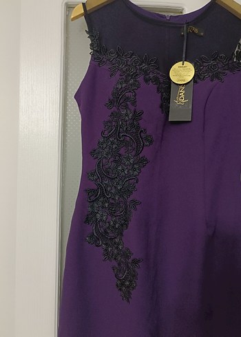 Mor Dantelli Kolsuz kisa Abiye Elbise - Görsel 6