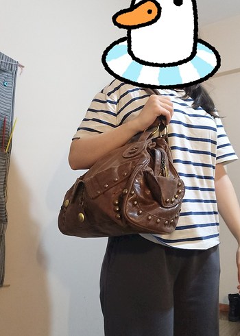 Y2K vintage Hakiki Süet Kahverengi  Tokalı Kadın Çantası - Görsel 6