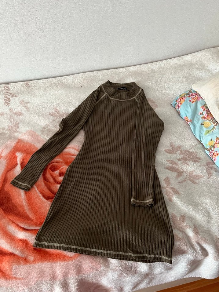 Kahverengi Fitilli Uzun Kollu Triko Elbise - Görsel 2