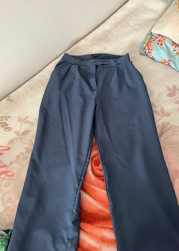 Düğmeli Mavi Kadın Kumaş Pantolon - Görsel 3