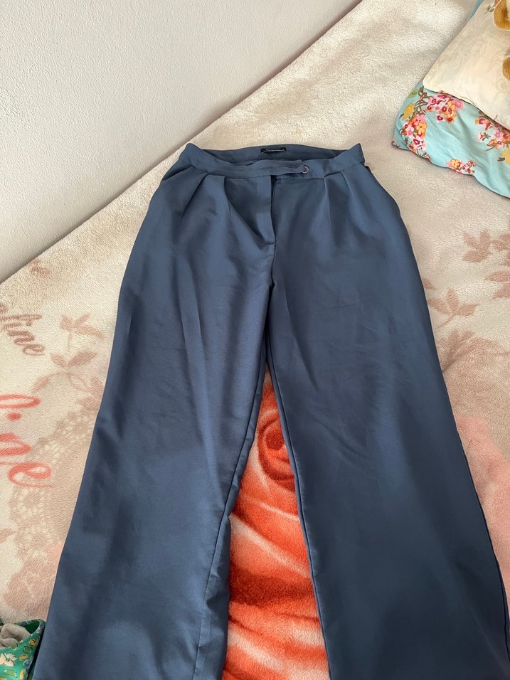 Düğmeli Mavi Kadın Kumaş Pantolon - Görsel 3