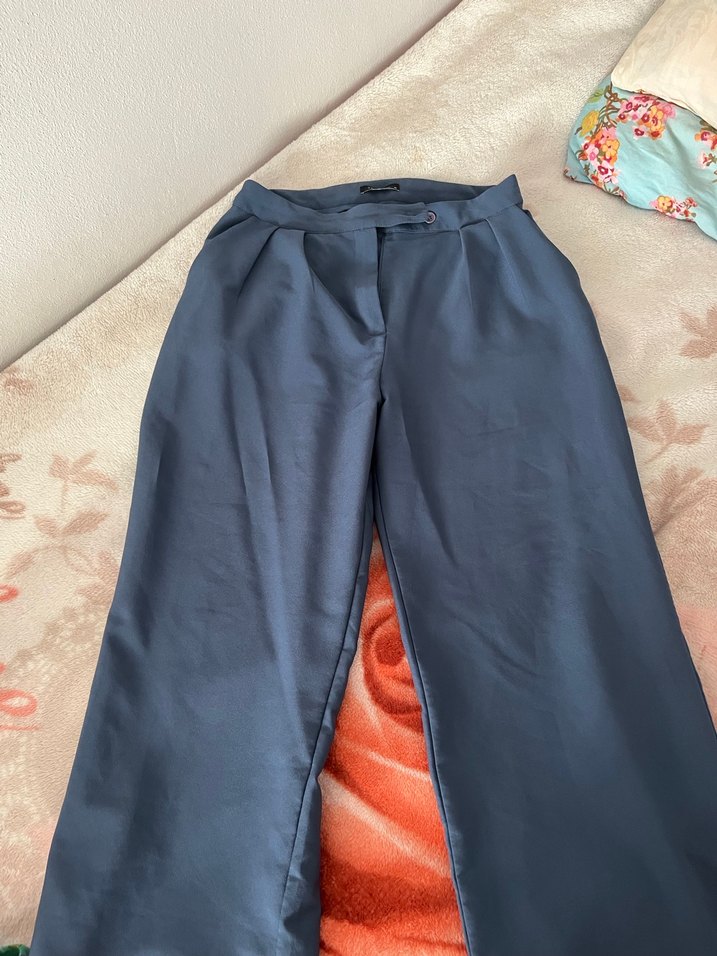 Düğmeli Mavi Kadın Kumaş Pantolon - Görsel 4